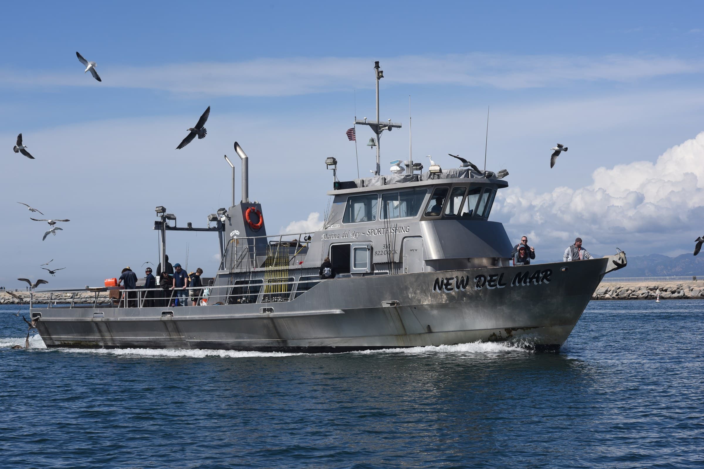 New Del Mar sportfishing trawler entering Marina del Rey channel